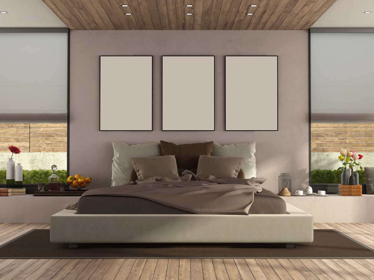 Modern bedroom with window shades